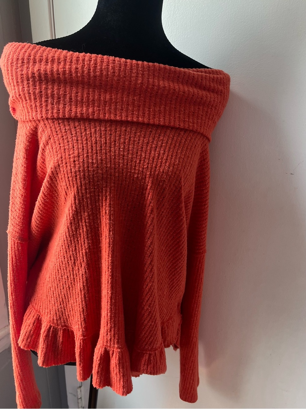 Maeve Off-Shoulder Ruffle-Hem Sweater in Coral Orange